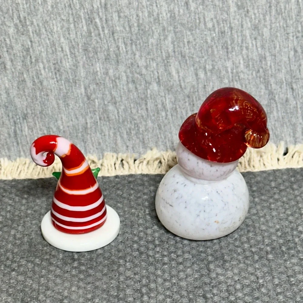 Handcrafted Glass Santa Hat and Snowman Figurine Set Holiday Decor Red White